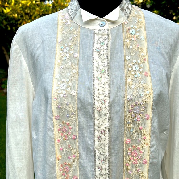 Vintage Woven Cotton Shirt with Dainty Lace, Beads and Sequins 14 - Picture 2 of 9